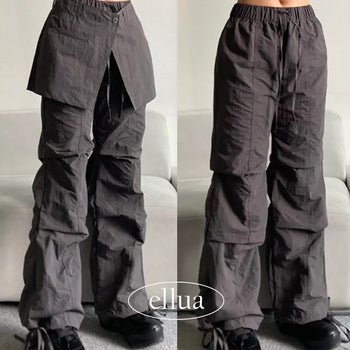 Unique Cover Layered Skirt Pants Pintuck Elastic Waist