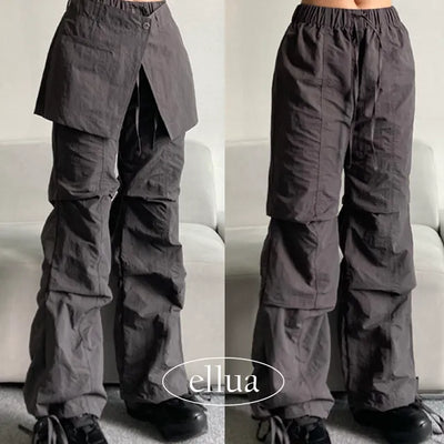Unique Cover Layered Skirt Pants Pintuck Elastic Waist