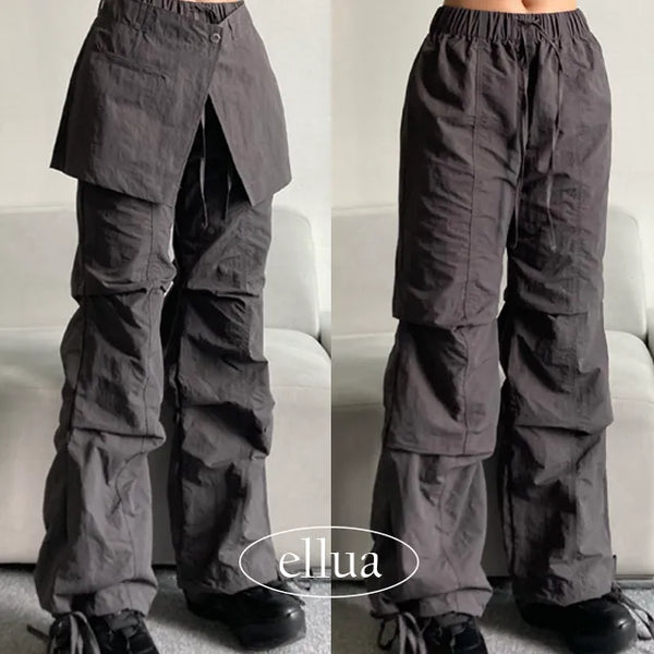 Unique Cover Layered Skirt Pants Pintuck Elastic Waist