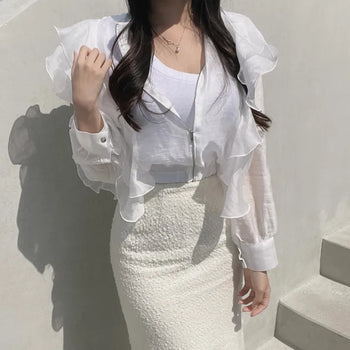Chiffon Unique Frill Skin-preventing Effortless Chic Zip-up Blouson