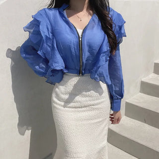 Chiffon Unique Frill Skin-preventing Effortless Chic Zip-up Blouson