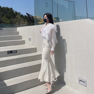 Chiffon Unique Frill Skin-preventing Effortless Chic Zip-up Blouson