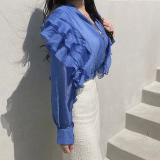 Chiffon Unique Frill Skin-preventing Effortless Chic Zip-up Blouson