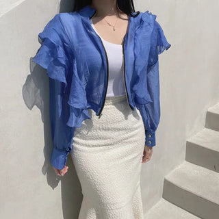 Chiffon Unique Frill Skin-preventing Effortless Chic Zip-up Blouson