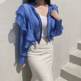 Chiffon Unique Frill Skin-preventing Effortless Chic Zip-up Blouson