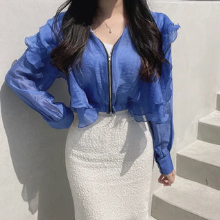 Chiffon Unique Frill Skin-preventing Effortless Chic Zip-up Blouson