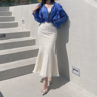Chiffon Unique Frill Skin-preventing Effortless Chic Zip-up Blouson
