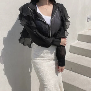 Chiffon Unique Frill Skin-preventing Effortless Chic Zip-up Blouson