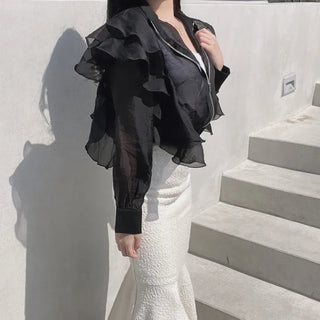 Chiffon Unique Frill Skin-preventing Effortless Chic Zip-up Blouson