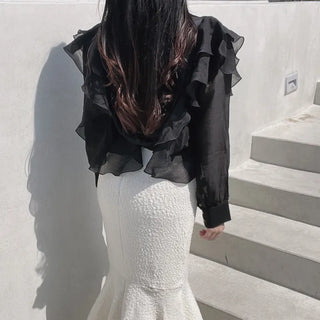 Chiffon Unique Frill Skin-preventing Effortless Chic Zip-up Blouson
