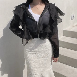 Chiffon Unique Frill Skin-preventing Effortless Chic Zip-up Blouson
