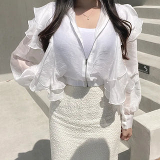 Chiffon Unique Frill Skin-preventing Effortless Chic Zip-up Blouson