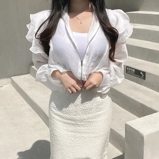 Chiffon Unique Frill Skin-preventing Effortless Chic Zip-up Blouson