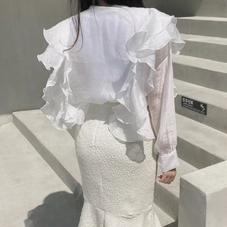 Chiffon Unique Frill Skin-preventing Effortless Chic Zip-up Blouson