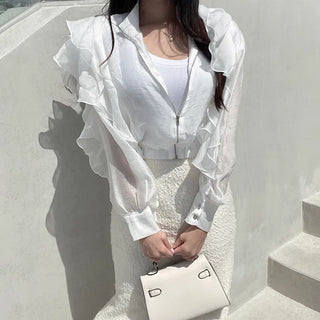 Chiffon Unique Frill Skin-preventing Effortless Chic Zip-up Blouson