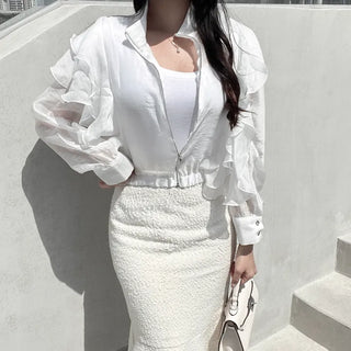 Chiffon Unique Frill Skin-preventing Effortless Chic Zip-up Blouson