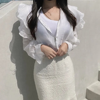 Chiffon Unique Frill Skin-preventing Effortless Chic Zip-up Blouson