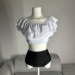 Frill Off-shoulder Shirred Bikini Set Cover-up Swimwear Resort