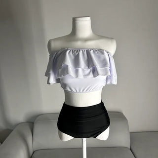 Frill Off-shoulder Shirred Bikini Set Cover-up Swimwear Resort