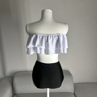 Frill Off-shoulder Shirred Bikini Set Cover-up Swimwear Resort