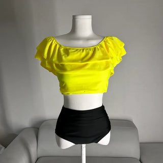 Frill Off-shoulder Shirred Bikini Set Cover-up Swimwear Resort