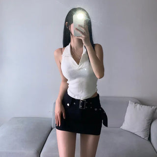 Halter Neck Collared Ribbed Sleeveless Top Stretchy Rolled