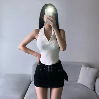 Halter Neck Collared Ribbed Sleeveless Top Stretchy Rolled