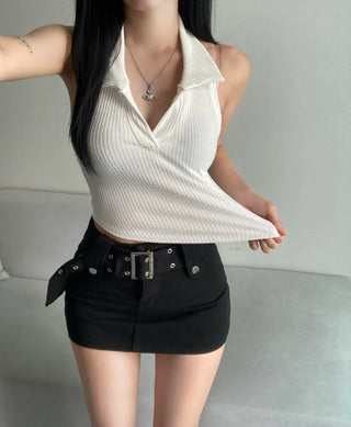 Halter Neck Collared Ribbed Sleeveless Top Stretchy Rolled
