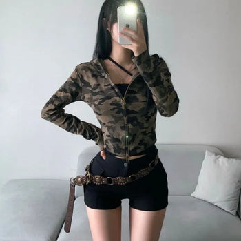 Military Slim Camo Zip-up Hoodie Unique Hip y2k
