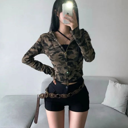 Military Slim Camo Zip-up Hoodie Unique Hip y2k