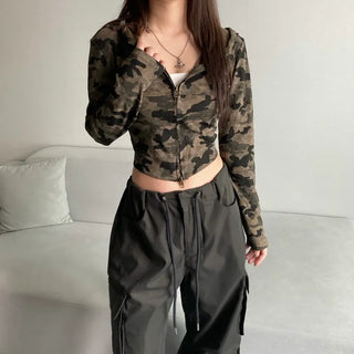 Military Slim Camo Zip-up Hoodie Unique Hip y2k
