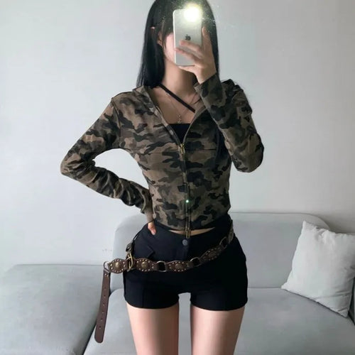 Military Slim Camo Zip-up Hoodie Unique Hip y2k