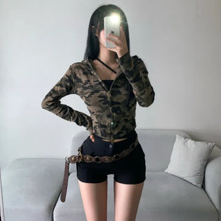 Military Slim Camo Zip-up Hoodie Unique Hip y2k