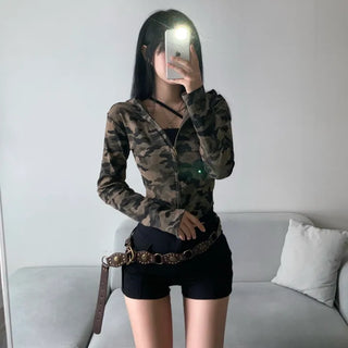 Military Slim Camo Zip-up Hoodie Unique Hip y2k