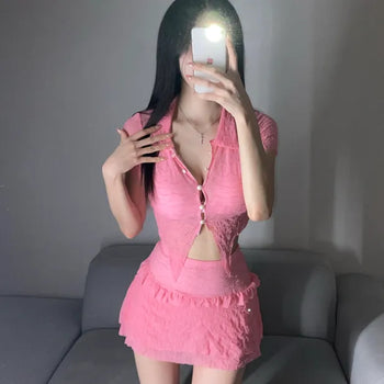 Special Offer!! 1007. Short Sleeve Collared Cover-up Swimsuit