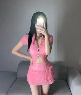 Special Offer!! 1007. Short Sleeve Collared Cover-up Swimsuit