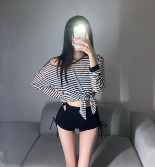 Striped See-through Cover-up Bikini Piece Set Swimwear Rash