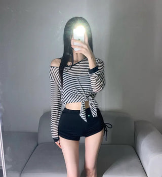 Striped See-through Cover-up Bikini Piece Set Swimwear Rash