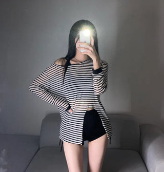 Striped See-through Cover-up Bikini Piece Set Swimwear Rash