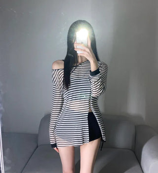 Striped See-through Cover-up Bikini Piece Set Swimwear Rash