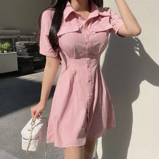 Satin Pintuck Short Sleeve Shirt Dress Mini