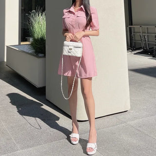 Satin Pintuck Short Sleeve Shirt Dress Mini