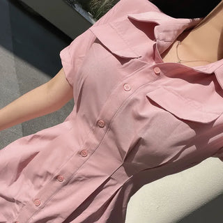 Satin Pintuck Short Sleeve Shirt Dress Mini