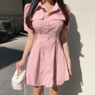 Satin Pintuck Short Sleeve Shirt Dress Mini