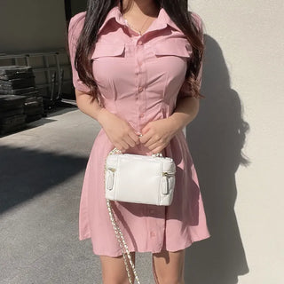 Satin Pintuck Short Sleeve Shirt Dress Mini
