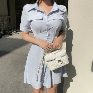 Satin Pintuck Short Sleeve Shirt Dress Mini