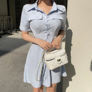 Satin Pintuck Short Sleeve Shirt Dress Mini