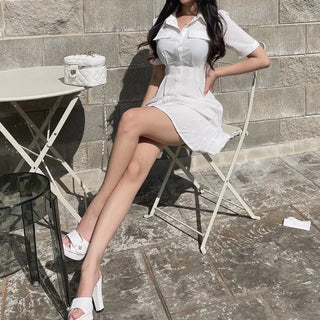 Satin Pintuck Short Sleeve Shirt Dress Mini