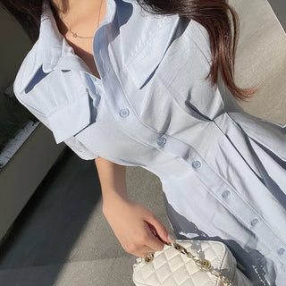 Satin Pintuck Short Sleeve Shirt Dress Mini