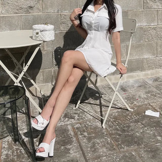 Satin Pintuck Short Sleeve Shirt Dress Mini